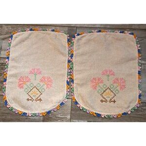 Vintage Embroidered Doily Set Of 2 Armrest Covers Colorful Handmade Cotton 12x8